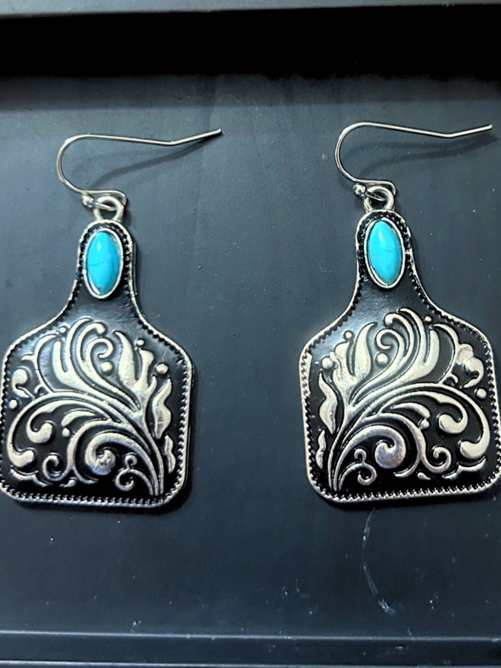 Turquoise Accent Silver-Tone Filigree Drop Earrings - Unbranded